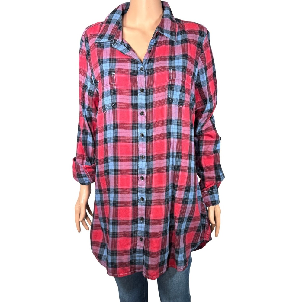 Aventura Womens XL Red Blue Plaid Organic Cotton Flannel Tunic Roll Tab Shirt